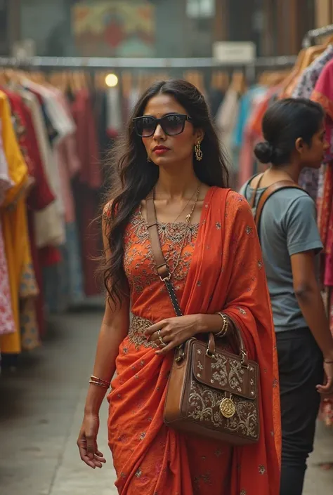 A confident Bangladeshi mom walks into a clothing store like a movie heroine, with sunglasses on, a stylish handbag, and a determined look. The shopkeeper looks nervous, sensing an intense bargaining session is about to begin."