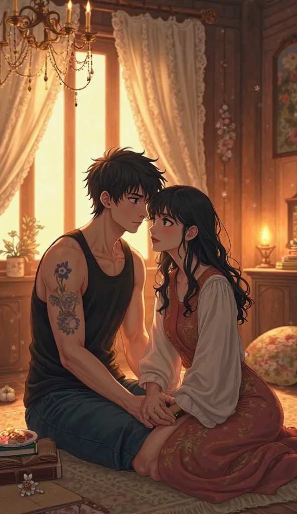 A beautifully detailed anime-style illustration of a young couple sitting closely together in a warm, rustic room with a soft, cozy atmosphere. The man has a rugged, intense yet gentle expression, short wavy dark hair, and a sleeveless dark vest revealing ...