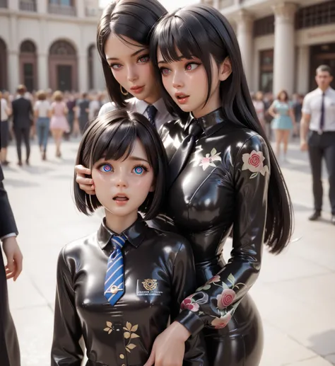 Mother and 2 young daughters, standing in the crowd,  in an extremely tight ,  shiny black latex polo shirt, bob cut, black hair,   very strong shiny skin, head leaning backwards,  long sleeve , stroking hair, isometric view, Breasts, extremely long hair, ...