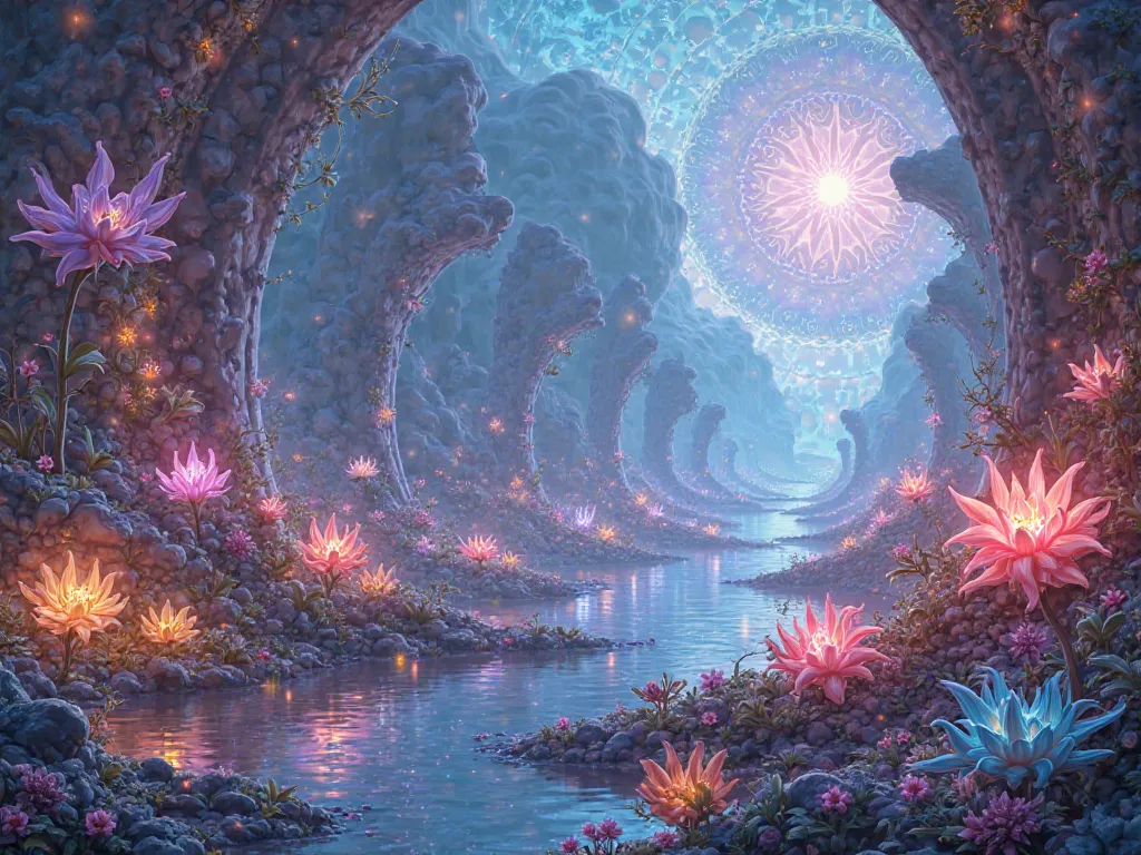 A celestial garden with vibrant, glowing flora and gentle streams of luminous energy weaving through abstract, otherworldly shapes.