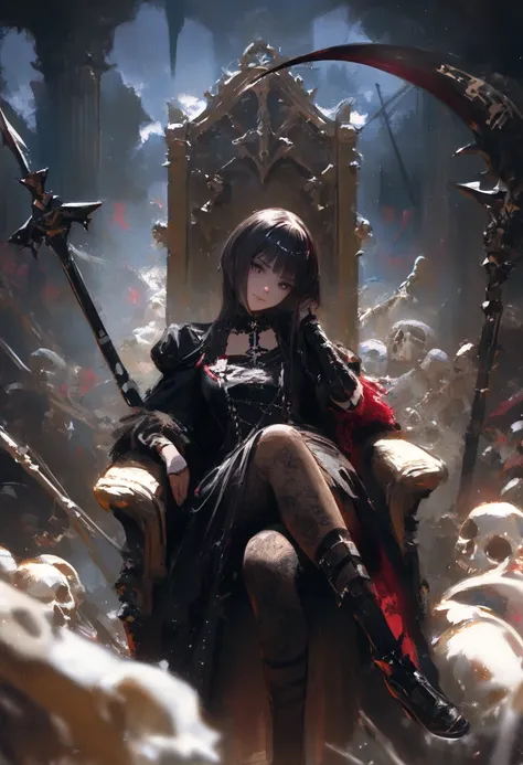 1girl, goth style, black clothes, skeletons arround yourself. dark fantasy draw style, sitting on throne made of bones, crossed legs, head tilt, holding weapon, black scythe covered in dark aura, cowboy shot, depth of field, faux traditional media, painter...