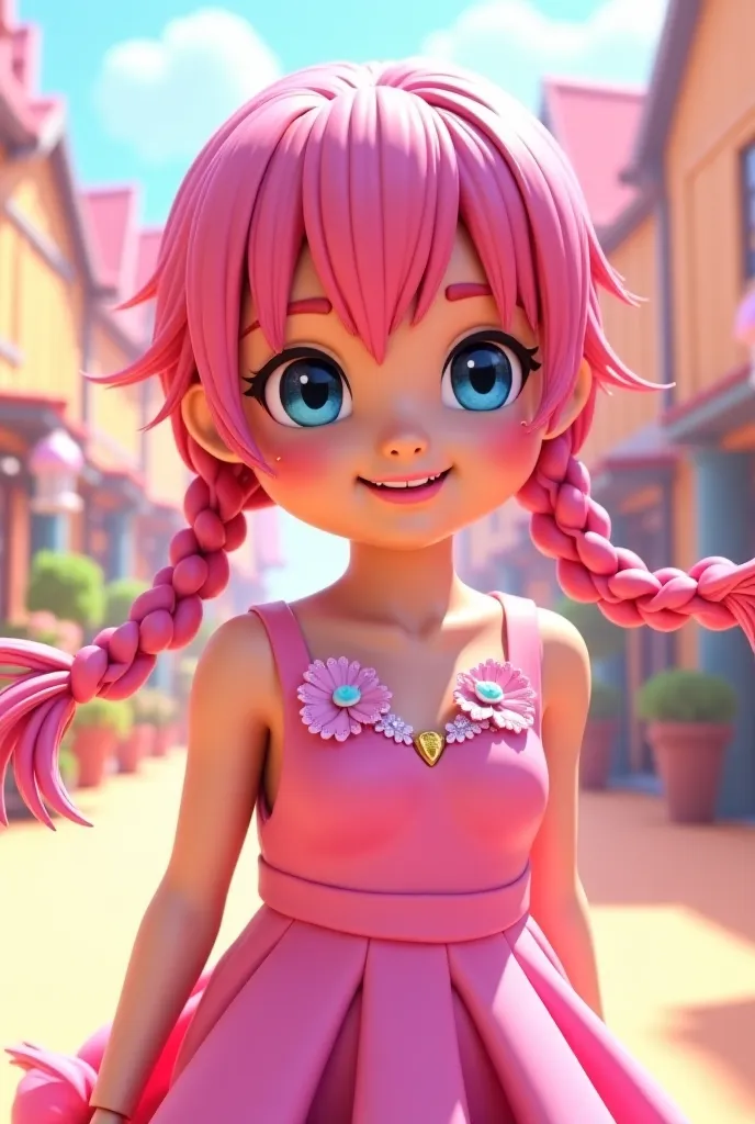 Anime  girl Roblox pink hair two smiling braids with pink dress 