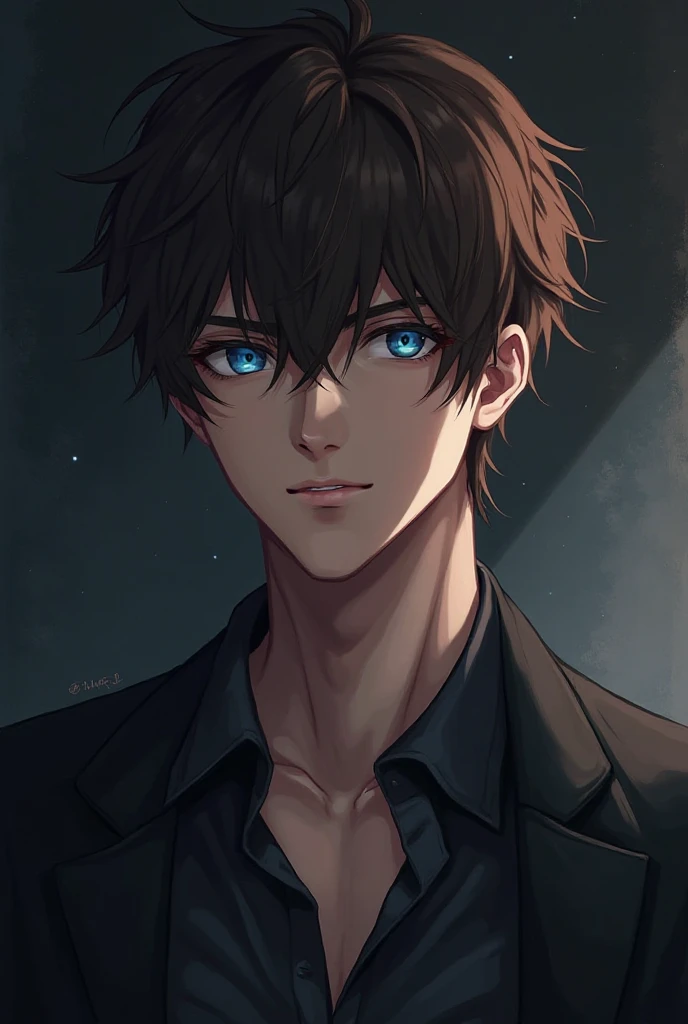 handsome guy with brown hair, with cold blue eyes, gay, anime, strong