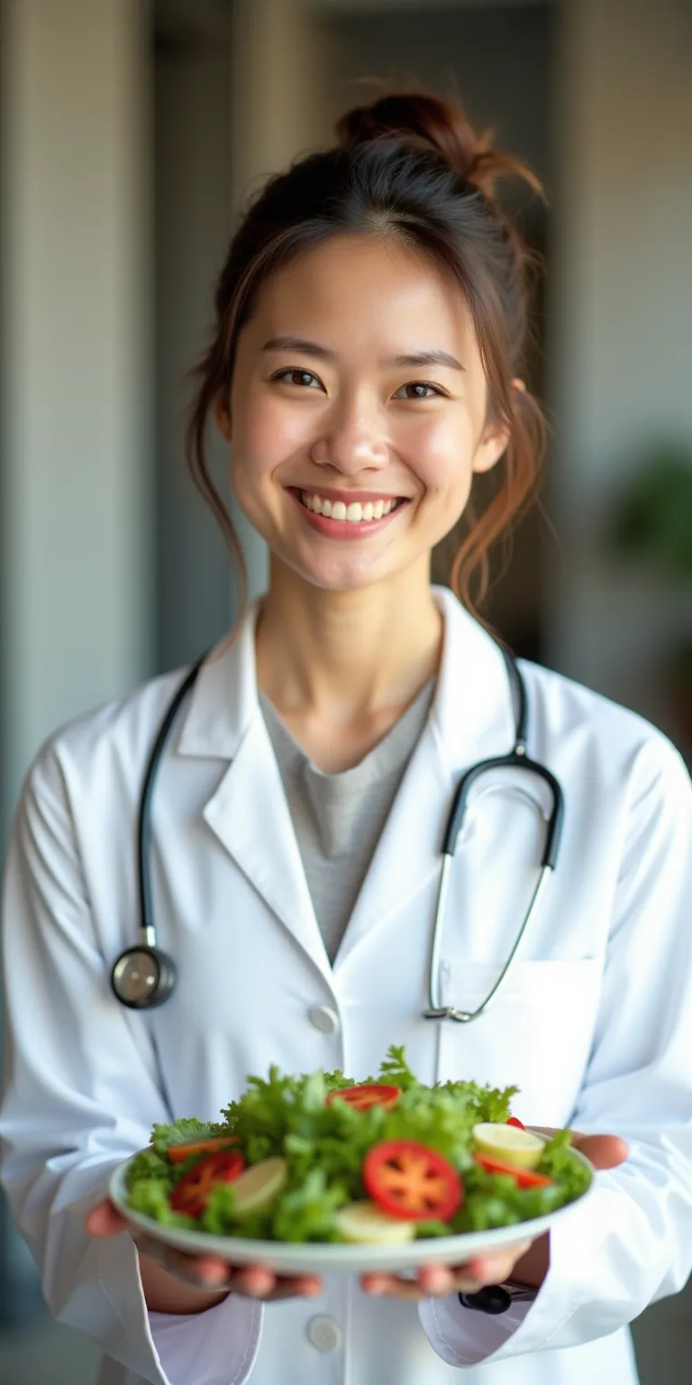 He draws a woman standing at a distance, wearing a doctor's coat, holding a plate of food filled with salad, standing and smiling at the camera.
