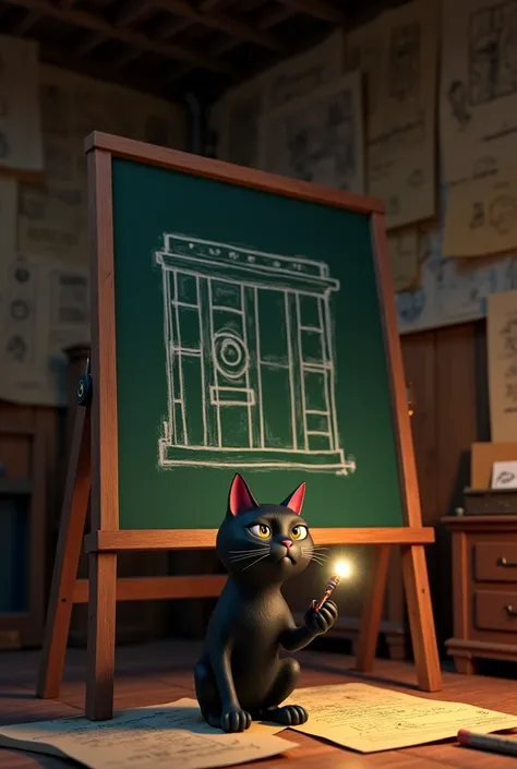 An attic filled with blueprints, sketches, and a chalkboard with a rough drawing of a bank vault. A black cat with a sly expression sits in front of the board, holding a tiny flashlight. style: 3D animation
