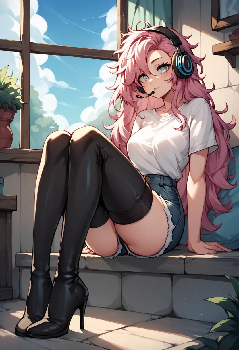 score_9, score_8_up, score_7_up, score_6_up, score_5_up, score_4_up, source_anime, 1woman, sexy face, sit, pink hair, long hair, white eyes, croosed legs, messy hair, white shirt, jeans shorts, black thigh high boots, heels, day, window, headphones, dungeo...