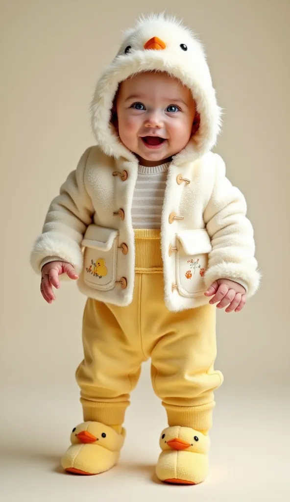 Professional studio photo of an irresistibly cute chubby baby with sparkling blue eyes and rosy cheeks, standing against a soft pastel background with a dreamy, fairy-tale ambiance. The baby is dressed in an elegant and whimsical duck-themed outfit in soft...