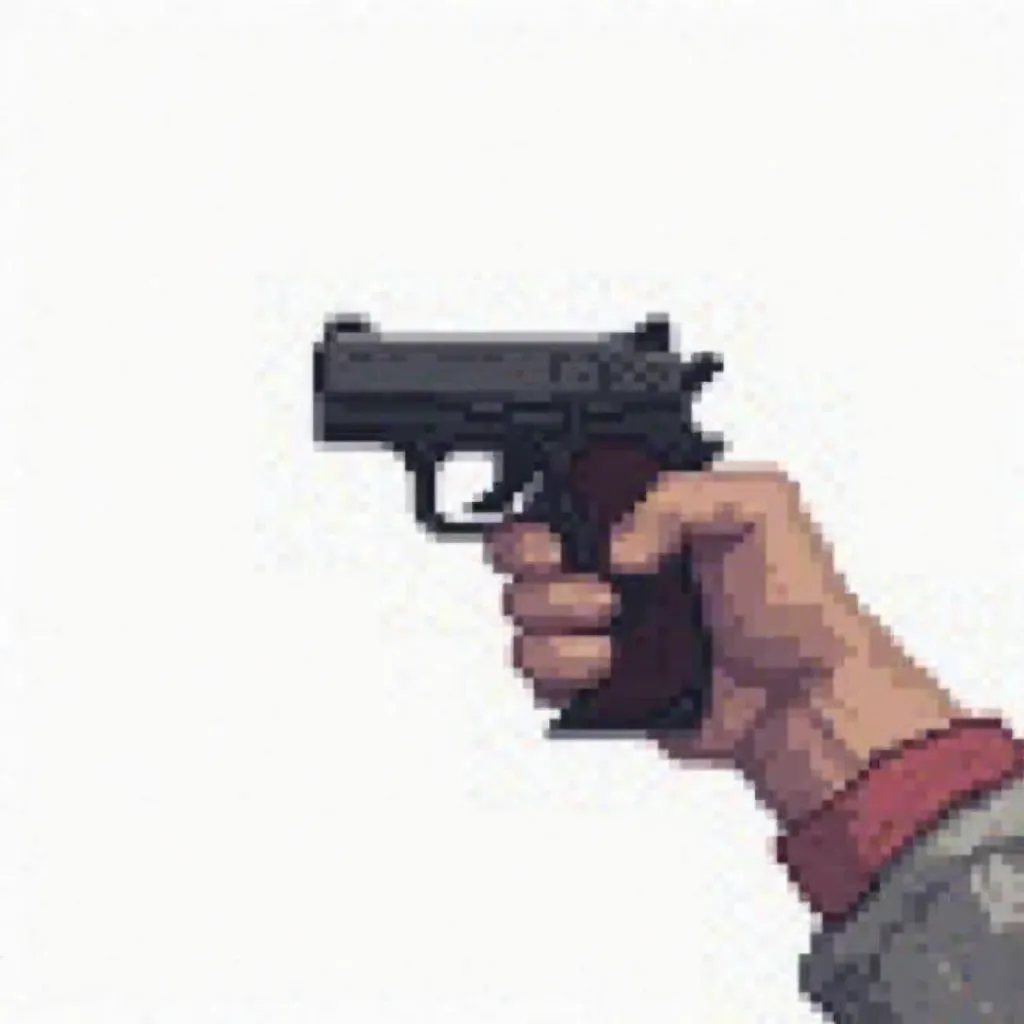 A pixel art pistol hold in a hand like in a first person shooter, pointing forwards, sisolated on a white background