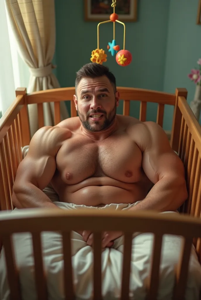 A pumped up man in a crib without a shirt 