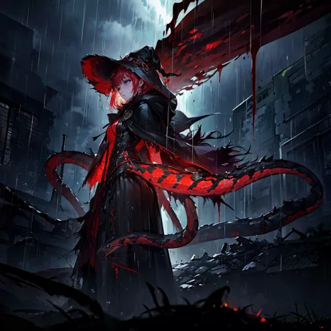 spectacular artwork, ((A girl dressed in a bloody witch and a giant zombie snake: 1.3)),  angry,  and is wearing a hood, tattered clothes, Ruins from Another World , ((A rain of blood is falling: 1.3)), It's eating the heart, Holding a huge scythe, The sna...