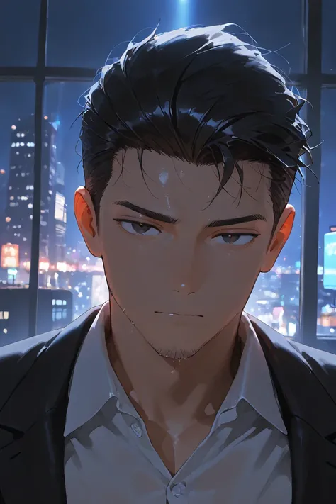 masterpiece, best quality, amazing quality, very aesthetic, absurdres, newest, scenery, Detailed Eyes, 1 man, solo, handsome, tall, toned, mature, black eyes, Thick eyebrows, quiff hair, black hair, black suit jacket, white collar shirt, looking at viewer,...