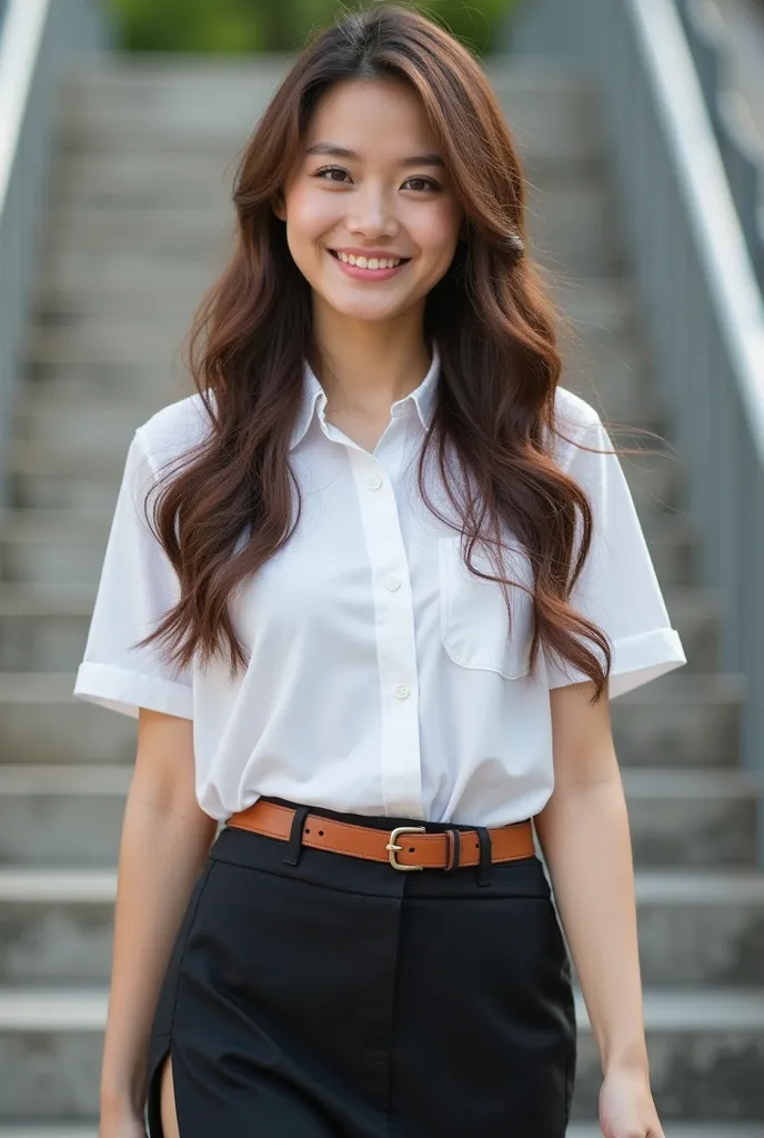 This high-quality photograph captures full body of a beautiful Thai woman 20 years old with long, wavy brown hair and light skin, looking at viewer, sweet smile. She is dressed in short sleeve white shirt , brown university belt, short pencil black skirt w...