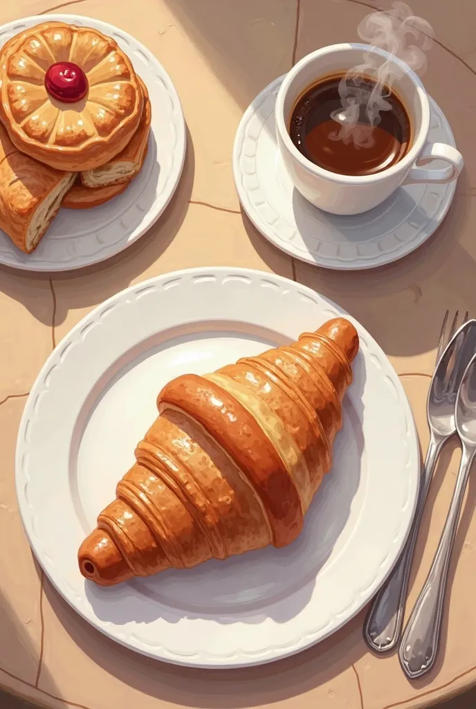 In a cozy cartoon French cafe, the top view is on a plate: nice big croissant and a cup of coffee on a saucer