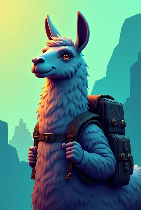 Gamer logo of a male llama with beard and with a pack on its side using green and blue colors