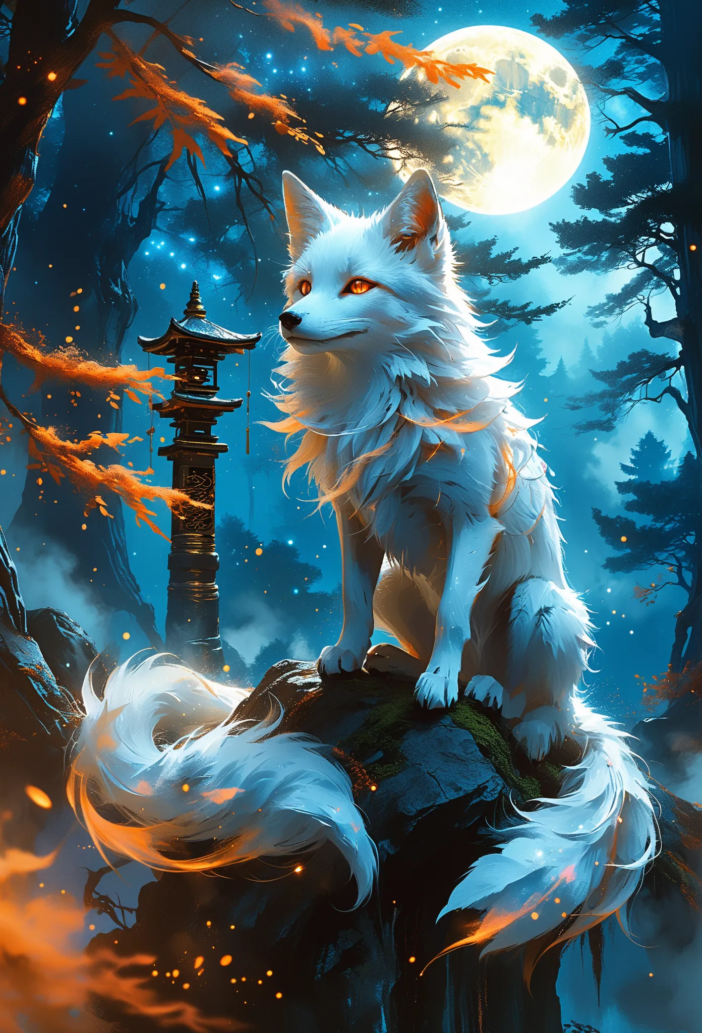 A mystical nine-tailed fox with silver-white fur gracefully floating under a glowing full moon. Its piercing amber eyes shimmer with an enigmatic glow, and its long, flowing tails radiate a soft ethereal light. The fox is surrounded by swirling blue mystic...