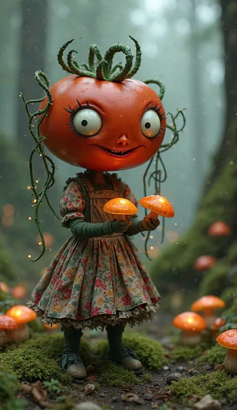 A quirky and creepy anthropomorphic tomato with wide lopsided eyes and a mischievous grin, wearing a patchwork floral dress and a moss-covered tattered apron, she gathers glowing mushrooms in a foggy, magical forest village. The tomato has vines extending ...