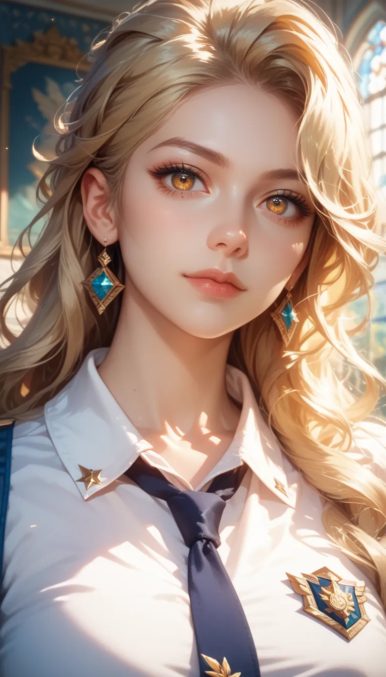 ((best quality)), ((Masterpiece)), (details), (perfection), female, (blonde hair, golden eye , beautiful) , student uniform, dark blue necktie, white shirt, looking at viewer , sexy,exercised body, reality,upper body, focus,out of frame, 