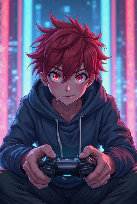 Create a thumbnail for YouTube with a red haired anime boy playing video games with LEDs