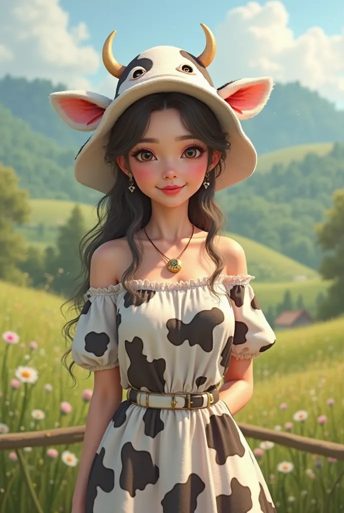  Cute beautiful realistic woman wearing cow clothes standing in the making 