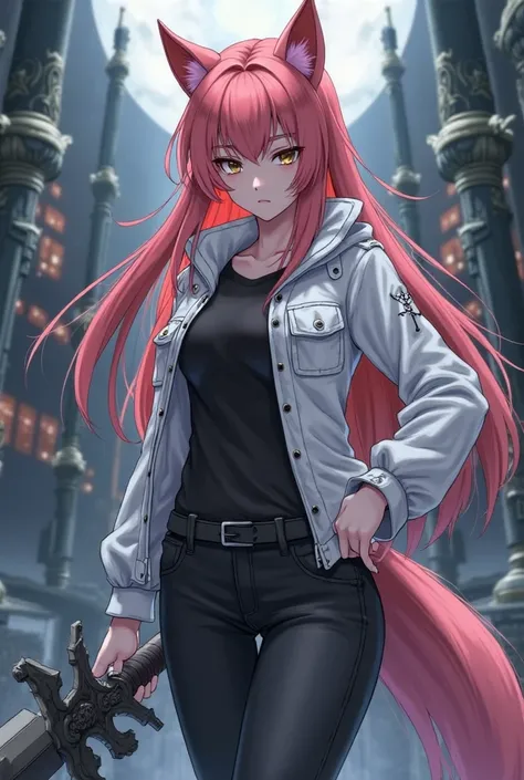 (top quality,  official art , full body, beautiful and aesthetic:1.2)  a werewolf girl anime,  fair skin,  pink hair,  golden eyes,  white jacket,  black t-shirt,  black pants, serious and cold expression, brandishing a heavy sword .
