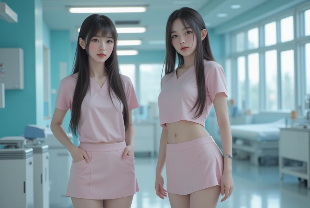 A highly detailed, ultra-high-resolution 32K rendered photo of two beautiful young Japanese women in a hospital room. One of them is wearing a pale pink female doctor's uniform with a matching miniskirt. The image is captured with exceptional clarity, show...