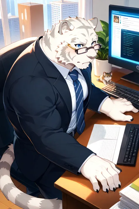 Zero Mercenaries,Mercenaries of the Evil One, cat, Mammals,  white tiger, fur, Grey Nose,  blue eyes, male,  muscular, company,  office, desk work, Large desk,  computer,  keyboard, Typing, chair under a chair, suit, ビジネスsuit, Long sleeve top,  businessman...