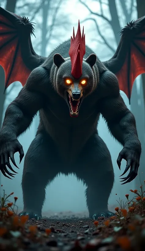 Create a hyper-realistic, high-definition image of a terrifying hybrid creature that is a fusion of a bear and a rooster. The creature has the muscular, fur-covered body of a bear, with thick, powerful limbs ending in razor-sharp claws. Its head is a blend...