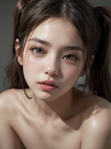 Hyperrealistic portrait of an 18 year old young japanese girl, petite body, nubiles body, small breasts, tiny tits, flat chest, long black hair with fringe and twin tails, sweet and angelic face, thin and upturned nose, big and highly detailed light brown ...