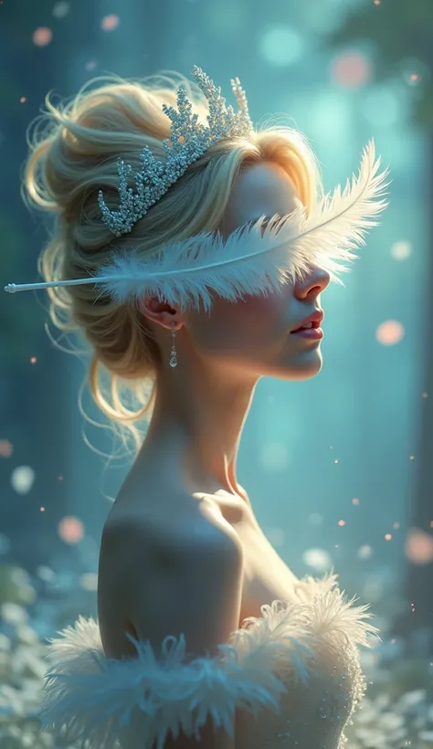 A feather covers fairy godmother Cinderella's eyes, surrealism, magic, glow