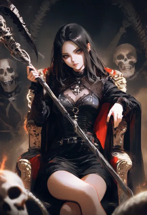 1girl, undead race, goth style, black clothes, skeletons arround yourself. dark fantasy draw style, sitting on throne made of bones, crossed legs, head tilt, holding weapon, scythe made of bones, dark ambient, cowboy shot, depth of field, faux traditional ...