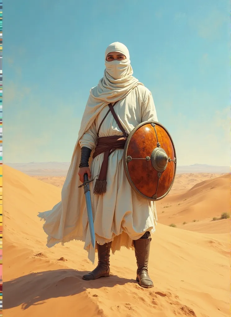 A dramatic scene of a masked fighter standing in the middle of the vast desert, where the golden sands extend to the horizon under a clear blue sky.. The fighter wears simple but practical white clothing, with a face covering that hides his features, givin...