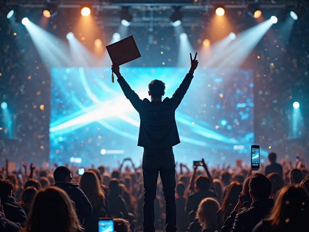 "A male student in a school uniform stands triumphantly on a futuristic stage, similar to a high-tech product launch event. He raises both hands in a 'V' shape while holding a certificate, symbolizing victory. Behind him, a massive digital screen with a sl...