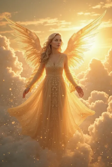 Angel with golden clothes in the sky and more angels behind