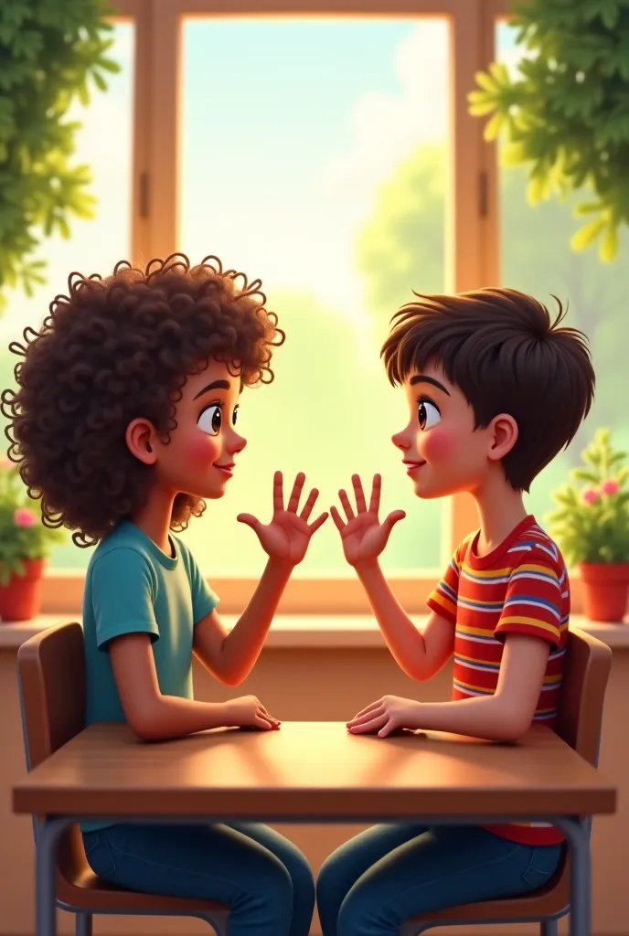 Visualize a girl and a boy sitting in a classroom . The girl has curly hair and wears a colorful t-shirt. the , with short hair and a striped t-shirt, she is watching the girl as they both use their hands to communicate in sign language, The movements must...