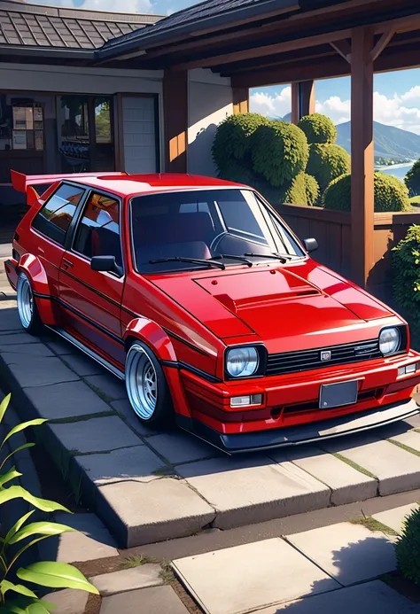 red car with black rims and black hood , realistic car , But 8 6, detailed, 2k, 2k yen,  highly rendered!!, WRX Golf, Full Car, Red sports car from the 80s, Widebody, Full front,  hyperreal”,  hyperrealistic”, Renovation,  high detail hyperreal retro, 1 0 ...