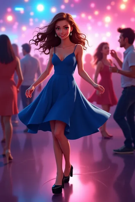 Create a very short light brown haired 17-year-old with the body of a thin woman with big breasts wearing a blue dress just below the knees black block heel sandals dancing in a crowded nightclub 
