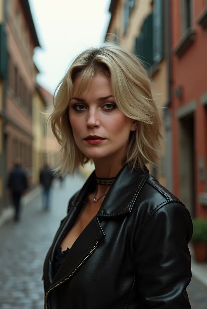 beautiful European blonde woman, loose bob  hair, 45 years old, (eyeliner:1.1), standing, wearing (intricate, modest:1.2) leather outfit, volumetric lighting, movie promo, detailed background, medieval townscape,, (RAW photo, photorealistic:1.3), candid, 1...