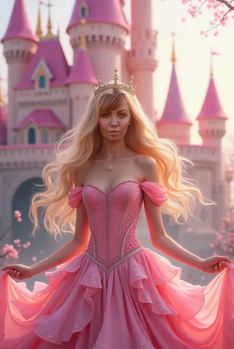 Beautiful short blond haired queen with pink dress in front of a pink castle