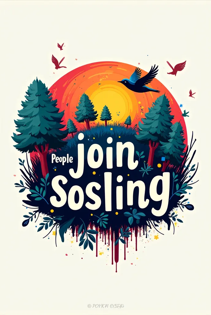 Make logo in perfect circle that written “ Hot People Join Sosling “ in the inside and with theme nature (little trees and animal like bird) and in color dark blue, maroon, yellow, with street art kinda messy, but happy vibes