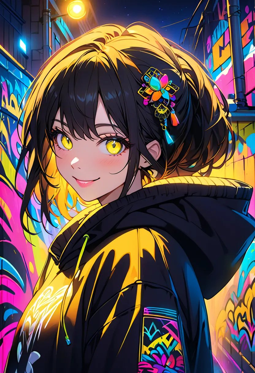 detailed background, masterpiece, Highest quality, smile, ornament,  hoodie, Portrait, yellow neon,  graffiti ,  dark,   night , shining eyes, black light