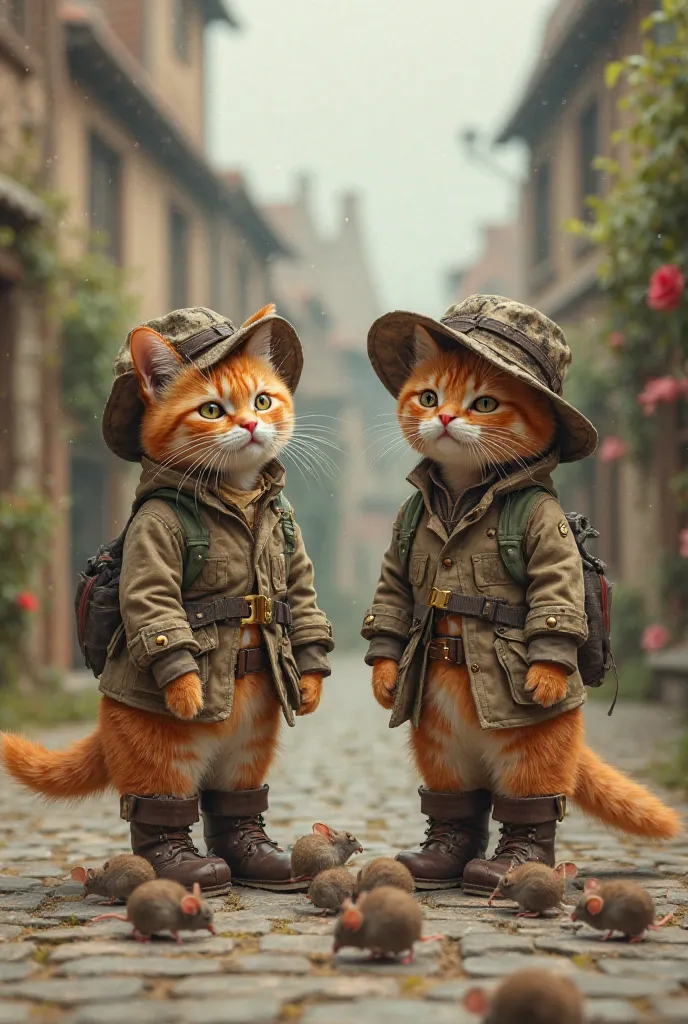 Two orange cats, dressed in hunting hunter costumes, stand watching several mice die in the street.