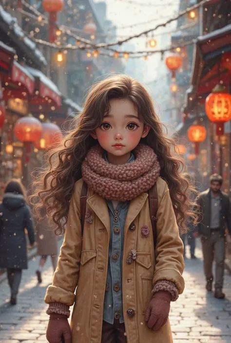 Create 5 full body shots of a young Vietnamese girl, long brown curly light hair, wear winter clothes to walk on the street in Hai Phong city