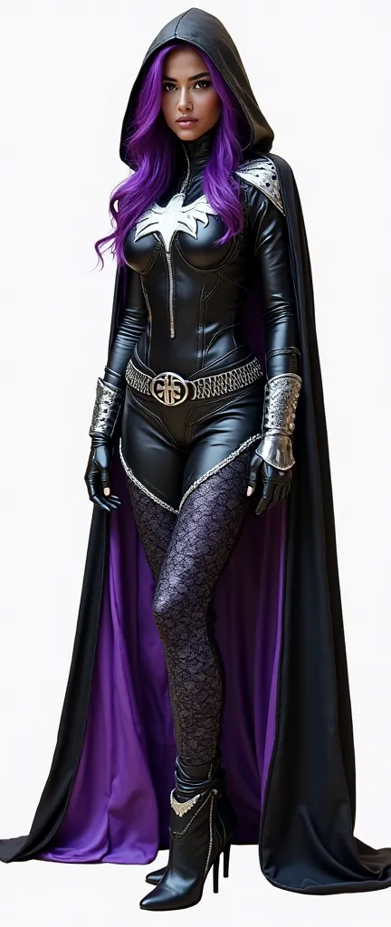 A beautiful and gorgeous Indian American heroin Violet hair Ravena,, wearing leather violet and black honeycomb textured tight fit leather sexy spandex costume. Silver details and trimmings..Silver gloves and belt and boots. Black leather hooded cape. hero...