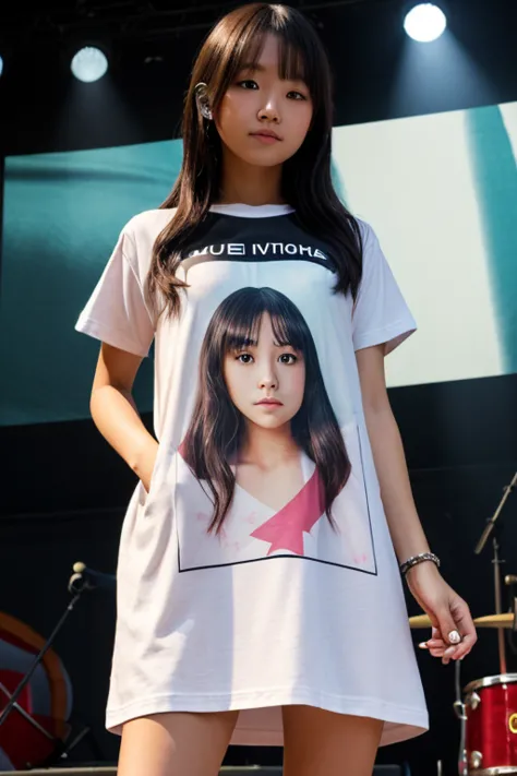 1 girl, Alone , t-shirt, masterpiece , Ruby Hoshino,  pillow, bright eyes, star in the eye, (star in the eye derecho:1), (dress:1.4), (Concert1 ),  On stage ,