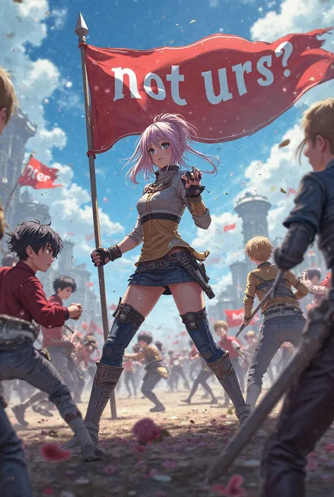 Multiple people in a battle royal fight the female leader is holding a flag and there's 'not urs ?' written on it (anime)