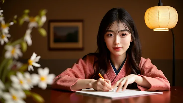 long hair, smiles,  black hair, Accessory, high quality, earrings, smiles,  realism ,  Japanese woman、Nishijin kimono、Japanese-style room、Written letter、Low table、seiza、
