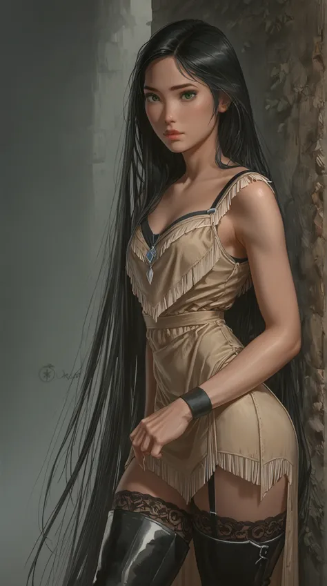 Drawing style with simple freehand pencil shading . Young woman with very long black hair, 20 years,  skinny,  not tall ,  green eyes, . very wide hips , stockings with garters. thigh high boots. Pocahontas.  background. Sexy posing.  Seductive looking at ...