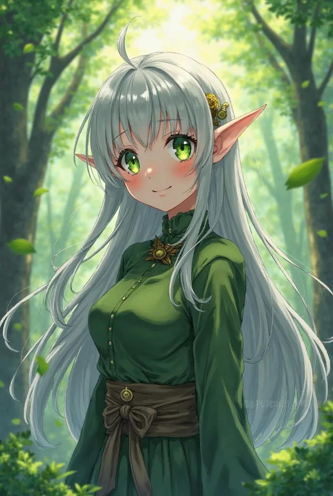 Anime woman is the queen of nature with her silver hair, green eyes and green clothes radiating with the power of nature in the middle of the forest. Her ears are pointed like the elf's race. She smiles a smile. Anime fantasy style image in high resolution...