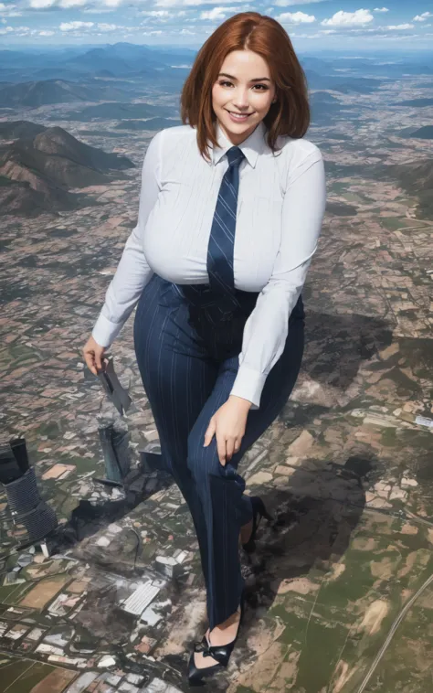 100 km tall giga giantic, curvy 40 year old ladies with a beautiful smile, bigger than a giant city, curvaceous figure, massive beast, and very very long ginger hair, with a curvaceous figure and massive natural breasts. wearing a tailored italian light gr...