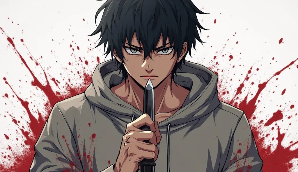  anime boy with dark hair 、 hoodie、 Blood Splash、knife、strongest、 cold eyes